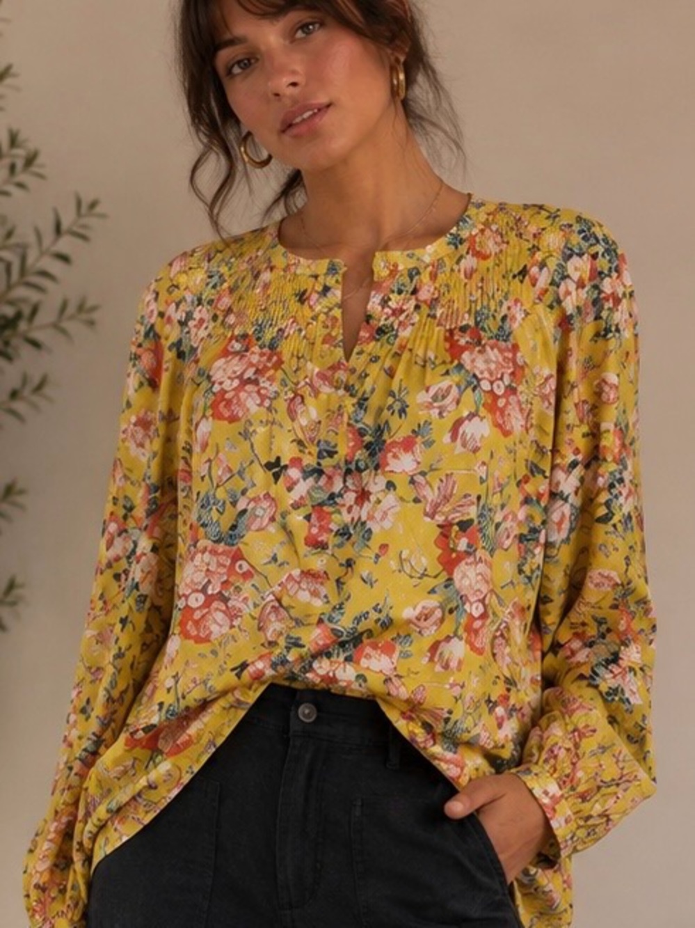 J. Crew Yellow liberty Floral long sleeve popover blouse 100% cotton size 6